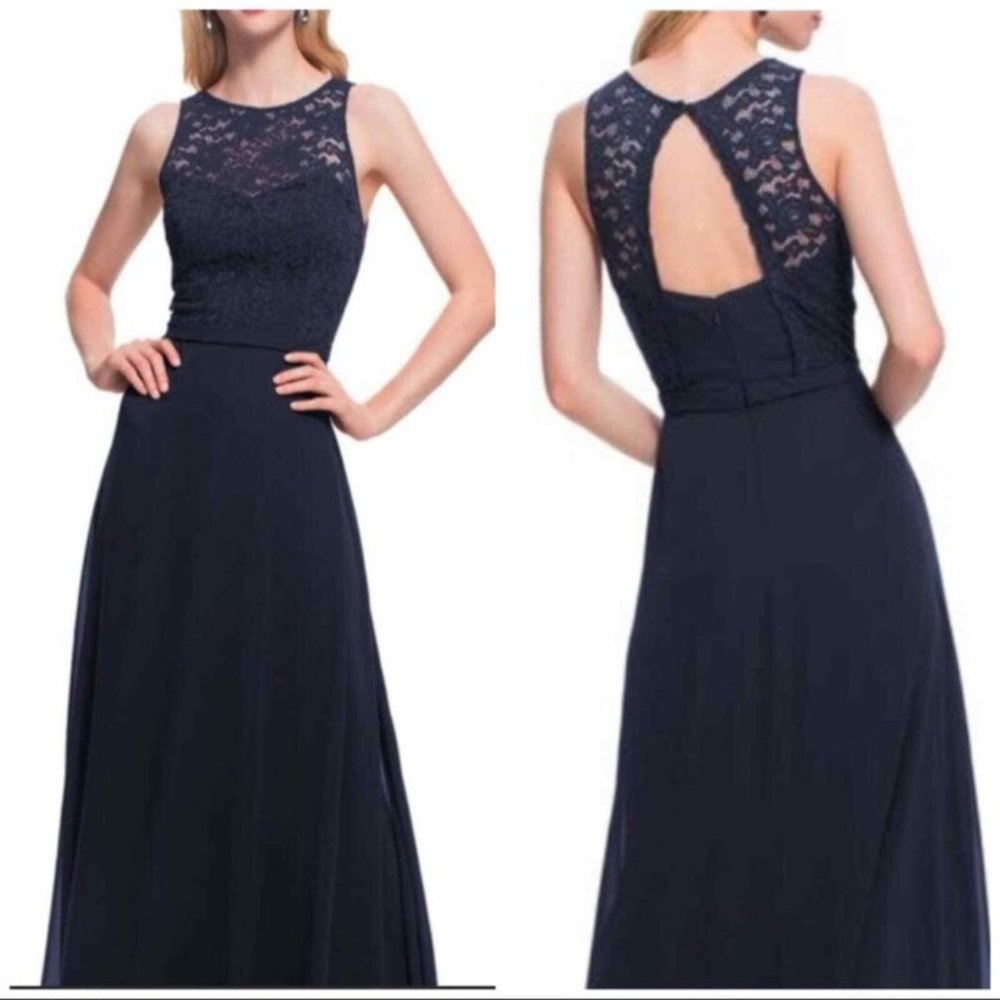 Open Back Lace Formal Dress -Levkoff Navy Blue 8 (fits like 6) -Never Worn